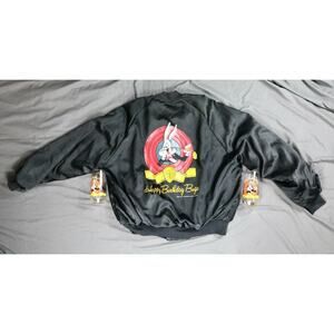 Bugs Bunny Happy Birthday 1990 Black Bomber Satin Jacket S XXL Vintage 2 Glasses